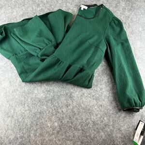 NWT Sandra Darren textured Hunter Green Tiered Long Sleeve Dress blk trim Size L